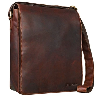 Abbildung von STILORD &#039;Lars&#039; Vintage Umhängetasche Leder Herren für 13,3 Zoll Tablet MacBooks und iPad Schultertasche Herrentasche Messenger Bag Echtleder, Farbe:Cognac Dunkelbraun