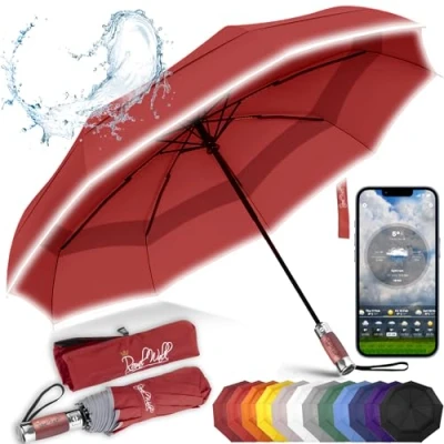 Abbildung von Royal Walk Regenschirm Taschenschirm Sturmfest Automatik Auf und Zu Winddichter Doppelverdeck Klein Stabil Schirm Reflektierend mit Luxuriösem Echtholzgriff für Damen Herren Umbrella