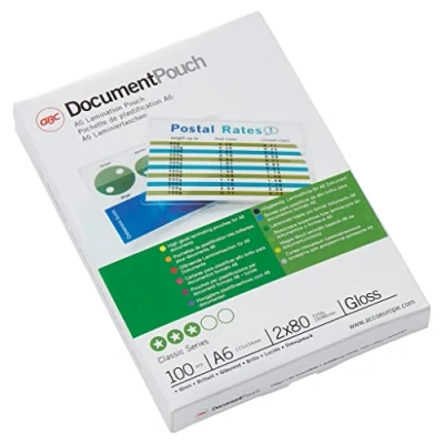 Abbildung von GBC Laminierfolien A6 80 mic, Robuste Laminiertaschen im 100er Pack, Postkartenformat, Glänzend, Transparent, Ideal für Büro &amp; Schule, 3200749