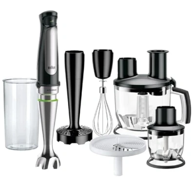 Abbildung von Braun MultiQuick 7 MQ 7087X Stabmixer Pürierstab mit abnehmbarem Edelstahl Mixfuß ActiveBlade Technologie zum Pürieren der härtesten Zutaten, inkl. 5 teiliges Zubehör Set, 1000 Watt, Schwarz