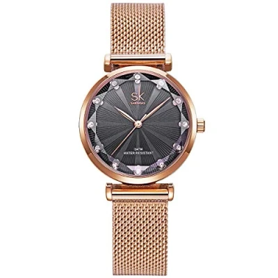 Abbildung von Alienwork Armbanduhr Damen Roségold Metall Mesh Armband Edelstahl Blau Elegant Strass Steinen