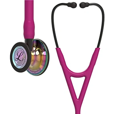 Abbildung von 3M Littmann Cardiology IV Stethoskop für die Diagnose, hochglänzendes, regenbogenfarbenes Bruststück, himbeerroter Schlauch, Schlauchanschluss und Ohrbügel in Rauchfarben, 69 cm, 6241