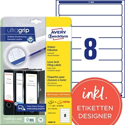 Abbildung von AVERY Zweckform L6060 25 Ordnerrücken Etiketten (240 Rückenschilder mit ultragrip, 34x192mm auf A4, schmal/kurz, selbstklebend, absolut blickdicht, bedruckbare Ordneretiketten) 30 Blatt, weiß