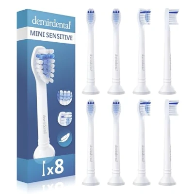 Abbildung von 8er demirdental Mini Sensitive Aufsätze passend für Philips Sonicare Ersatzbürsten, weiche und kleine Bürstenköpfe sensible Zähne, Weiß, entspricht HX6088