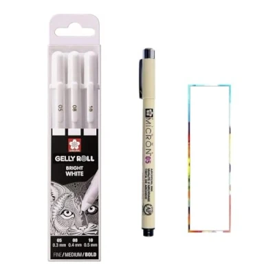 Abbildung von SAKURA Gelly Roll White, Bright White Stifte im Etui, Mix Size 05.08.10 Pigma Micron Black 05