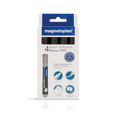 Abbildung von magnetoplan Board und Flipchartmarker PRO+, 4 Stück, Allround Marker mit Rundspitze in Schwarz, Strichstärke 1,5 3 mm, für Whiteboards Flipchart Papier