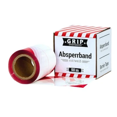 Abbildung von GRIP Eventbasics Absperrband reißfest, rot weiß gestreift, 50 m x 70 mm, PE im Abrollkarton, Flatterband nicht klebend,