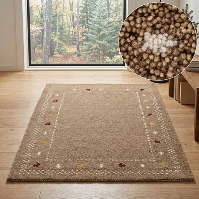 Abbildung von THEKO Wollteppich "Gabbeh Bordüre, Handgefertigt, Teppich, Tiermotiv, reine Wolle" rechteckig 14 mm Höhe Wohnzimmer, Schlafzimmer, Esszimmer