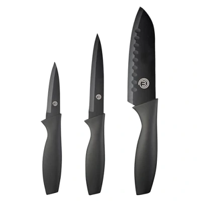 Abbildung von MasterChef Küchenmesser Set, Messerset ink. Kochmesser, Gemüsemesser &amp; Schälmesser, Scharfe Messer Edelstahl, Antihaftbeschichtete, Soft Touch Griffe, Schwarz, 3 teilig