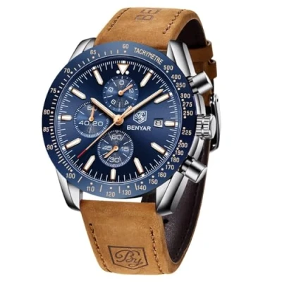 Abbildung von BENYAR Uhren Herren Chronograph Analog Quarz Braun Lederarmband Armbanduhr Wasserdicht Leuchtende Datum Herrenuhr Mode Lässig Sport Business Kleid fur Männer Elegantes Geschenk