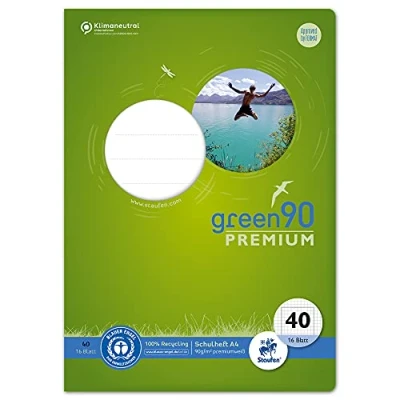 Abbildung von Staufen Green Heft DIN A4, Lineatur 22 (5mm kariert), 16 Blatt, premiumweißes 90 g/m² Recyclingpapier, runde Ecken verhindern „Eselsohren“, 1 Stück