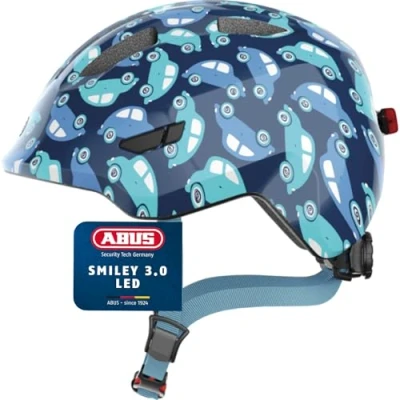 Abbildung von ABUS Kinderhelm Smiley 3.0 LED Fahrradhelm mit Licht tiefe Passform &amp; Platz für einen Zopf Mädchen und Jungs Blau Auto Muster, Größe M