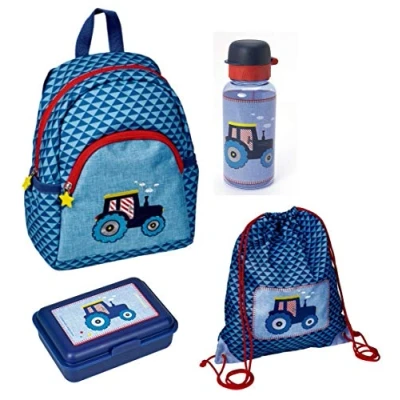 Abbildung von Familando Spiegelburg Kindergarten Rucksack Set 4tlg. mit Turnbeutel, Brotdose und Trinkflasche Traktor Bulldog für Jungen Mädchen