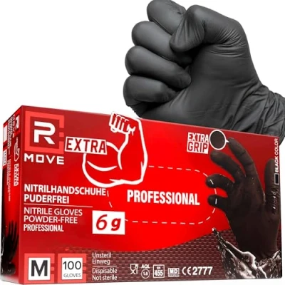 Abbildung von R MOVE 100 Einweghandschuhe Schwarz, Nitrilhandschuhe EXTRA BESTÄNDIG, einmalhandschuhe +60% Dicke, 6 gr, puderfrei &amp; latexfrei, handschuhe einweg für Mechaniker, Tätowierer, Kosmetikerinnen (M)