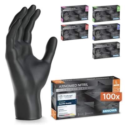 Abbildung von ARNOMED Einweghandschuhe 100 Stück/Box, Schwarze Nitrilhandschuhe L, puderfreie &amp; latexfreie Einmalhandschuhe, Handschuhe in Gr. XS, S, M, XL XXL verfügbar