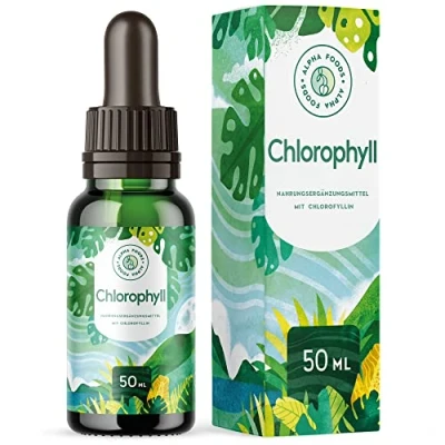 Abbildung von Chlorophyll Tropfen Flüssiges aus Weizengras, Alfalfa und Chlorella ohne Jod Bis zu viermal höhere Konzentration an Chlorophyllin 50ml