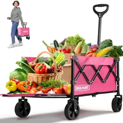 Abbildung von Overmont Klappbar Bollerwagen mit Faltbarer Heckklappe Alle Gelände Räder 100L Seitentaschen Getränkehalter Verstellbarem Griff bis 100 kg Tragkraft Rosa