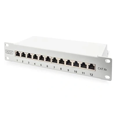 Abbildung von DIGITUS Cat 6A Patchpanel 12 Ports RJ45 Buchsen 10 Zoll Rack Mount 1HE LSA Verteilerfeld Geschirmt Grau