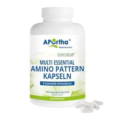 Abbildung von APOrtha® Multi essential Amino Pattern I 300 Kapseln mit 8 essentiellen Aminosäuren nach Prof. Dr. Lucà Moretti für optimierte Eiweißversorgung komplex hochdosiert EAA vegan