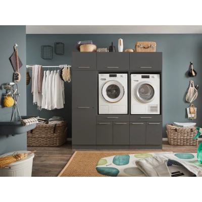Abbildung von LAUNDREEZY 2x Waschmaschinenschrank, Mehrzweckschrank und 3x Schrankaufsatz, Anthrazit Waschmaschinen Überbauschrank TÜV zertifiziert mit viel Stauraum 185 x 200 67,5 cm (B/H/T)