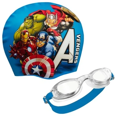 Abbildung von Marvel Badekappe &amp; Schwimmbrille Kinder Set, UV Schutz, Anti Beschlag Avengers Spiderman Geschenke für Jungs (Blau Avengers, 6 14 Jahre)