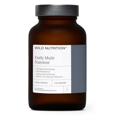 Abbildung von WILD NUTRITION ​​Food Grown® Tägliches Multivitamin für Männer, Zink und Vitamin C zur Muskelregeneration + Energie &amp; Immun Support Breitspektrum Multivitamine Männer 60 Kapseln