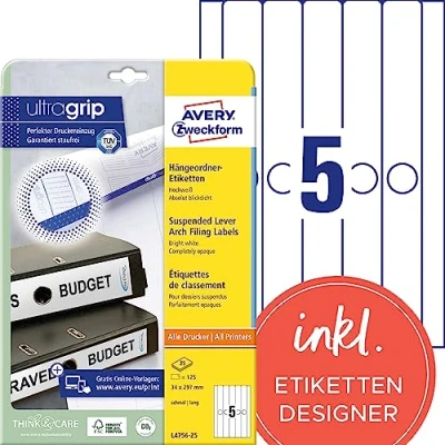 Abbildung von AVERY Zweckform L4756 25 Hängeordner Etiketten (125 Rückenschilder mit ultragrip, 34x297mm auf A4, schmal/lang, absolut blickdicht, selbstklebend, bedruckbare Ordneretiketten) Blatt, weiß