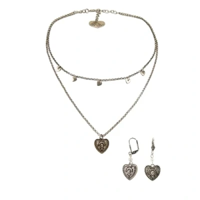 Abbildung von Alpenflüstern Trachtenschmuck Set Metall Trachtenkette und Trachten Ohrhänger Strass Herz Damen Schmuck Trachtenset Dirndl Kette Ohrringe (antik silber farben) SET055