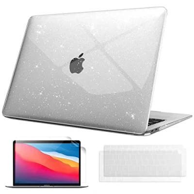 Abbildung von Fintie Hülle kompatibel mit MacBook Air 13 (2018 2020 Version) A2337(M1)/A2179/A1932, Ultradünne Hartschale Schutzhülle Snap Case + 2 Tastaturabdeckungen 1 Displayschutzfolie, Transparent(Glitzer)