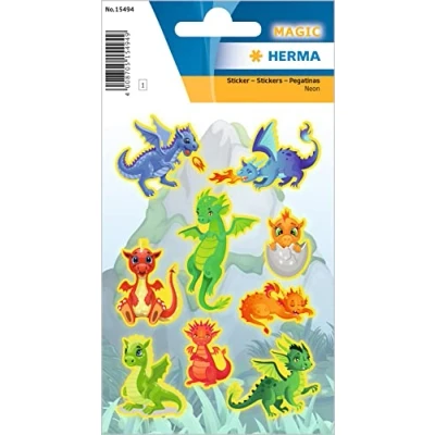 Abbildung von HERMA 15494 Aufkleber Drachen klein groß, 9 Stück, Neon Tiere Sticker mit lustigen Drache Motiv, Kinder Etiketten für Fotoalbum Tagebuch Poesiealbum Scrapbooking Geburtstag Deko Briefe DIY Basteln