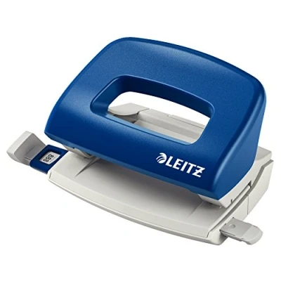 Abbildung von Leitz Mini Büro Locher aus Metall, kleiner für 10 Blatt, Anschlagschiene mit Formatangaben, Ergonomisches Design, blau, 50580035