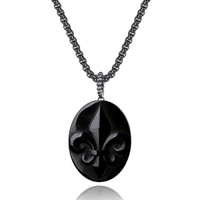 Abbildung von COAI Geschenkideen Unisex Glückskette mit Oval Anhänger aus Obsidian Fleur De Lis Amulett Halskette 50cm
