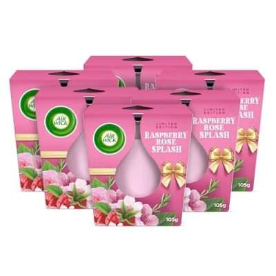 Abbildung von Air Wick Wohlfühl Duftkerze im Glas Duft: Raspberry Rose Splash Je bis zu 20 Stunden Brenndauer Enthält natürliche ätherische Öle 6 x 105 g Duftkerzenset