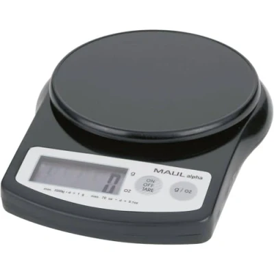 Abbildung von MAUL Briefwaage MAULalpha 18,8 x 14,1 3,7 cm Stabile Waage bis 2kg Große Wiegefläche Ø 12,4 Automatische Nullstellung und Abschaltautomatik Inklusive Batterien Schwarz
