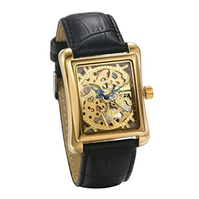 Abbildung von JewelryWe Herrenuhr Analog Automatik Uhr Automatische Mechanische Leder Band Rechteck Skelett Armbanduhr Automatikuhr, Gold