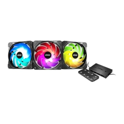 Abbildung von MSI MAX F12A 3H 120 mm Gehäuse Lüfter (3 x Lüfter, LED Steuerung, Fernbedienung, 3er Pack, schwarz, ARGB) A RGB