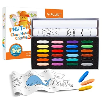 Abbildung von YPLUS Erdnuss Buntstifte Set für Kinder, Kunst Fall mit 24 Farben und Wandaufkleber Papierrollen, ungiftige Kleinkind Färbung Zubehör Geschenk