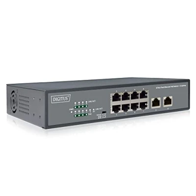 Abbildung von DIGITUS Fast Ethernet PoE+ Netzwerk Switch 19 Zoll 8 Ports + 2x Uplink RJ45 IEEE802.3af/at 120W Power Budget Schwarz