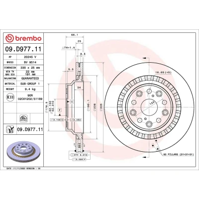Abbildung von BREMBO 09.D977.11 Bremsscheibe 335 25 5 innenbelüftet beschichtet