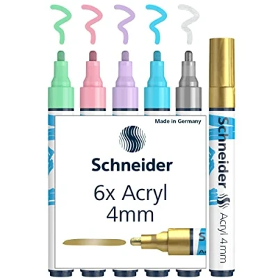 Abbildung von Schneider Paint It Acrylstifte (Set 2 mit 4 mm Rundspitze, hochdeckende Acrylfarben für Holz, Leinwand, Stein uvm.) 6 Stück