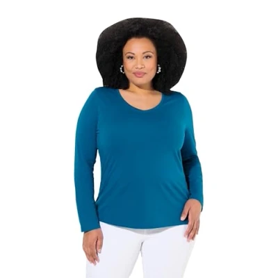 Abbildung von Ulla Popken Damen Shirt, Slim, V Ausschnitt, Langarm, Blaugrün, 42 44 EU