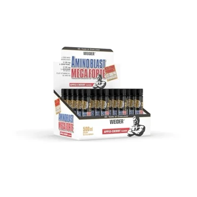Abbildung von WEIDER Amino Blast Mega Forte, Aminosäuren Komplex hochdosiert, praktische Ampullen, mehr als 13 g pro Ampulle, mit L Arginin, Liquid, Apfel Kirsch Geschmack, 20 Ampullen