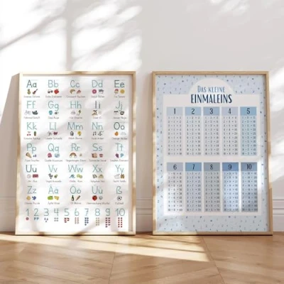 Abbildung von MeinBaby123® XL ABC Lernposter Grundschrift für Kinder DIN A2 1x1 Poster, Einmaleins Trainer 2er Set Kindergarten, Vorschule, Grundschule inkl. Übungsblätter (2er blau A2)