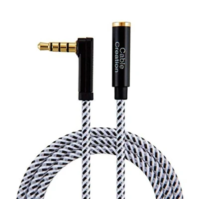 Abbildung von CableCreation Headset Verlängerung kabel 1,8m, 4 Polig TRRS 3.5mm Audio Verlängerungskabel Stecker auf Buchse, 90 Grad Rechtwinklig Auxiliary Verlängerungskabel, Mikrofon Kompatibel, 6FT/ Schwarz&amp;Weiß