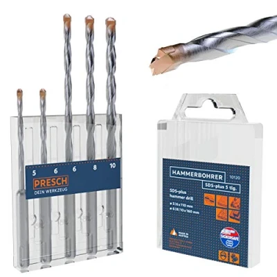 Abbildung von Presch SDS Plus Bohrer Set 5 tlg Hammerbohrer für Beton, Stein, Granit, Ziegel und Mauerwerk Hochleistungs mit 4 fach Stufenprofil Betonbohrer Ø 10mm