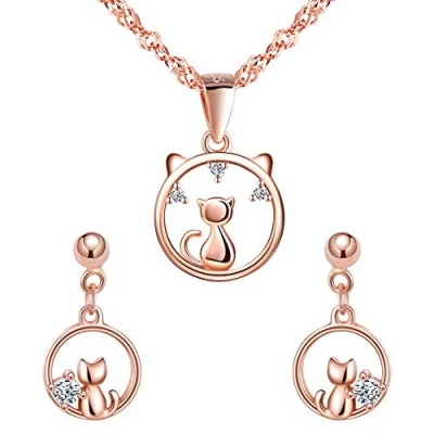Abbildung von Yumilok Damen Schmuckset Halskette mit Katze Anhänger &amp; Ohrstecker Ohrringe aus 925 Sterling Silber Roségold für Frau Mädchen