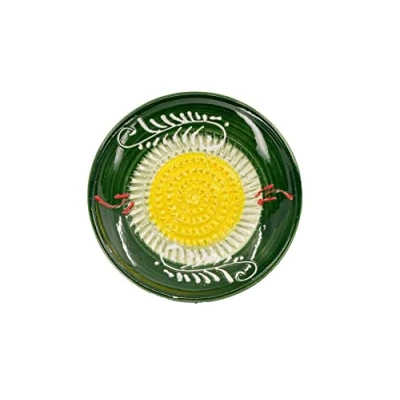 Abbildung von Kaladia Keramik Reibeteller/Keramikhobel ideal für Ingwer, Parmesan etc. Motiv: Gelb &amp; Grün mit weißem Dekor Durchmesser: 12 cm handgemacht handbemalt Made in Spain