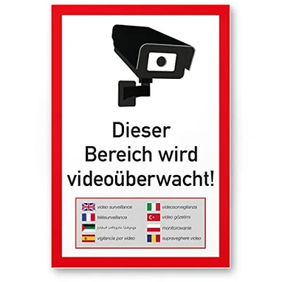 Abbildung von Komma Security Bereich Videoüberwacht Schild mehrsprachig 20 x 30 cm Achtung Vorsicht Videoüberwachung Hinweis Hinweisschild Warnschild Warnhinweis