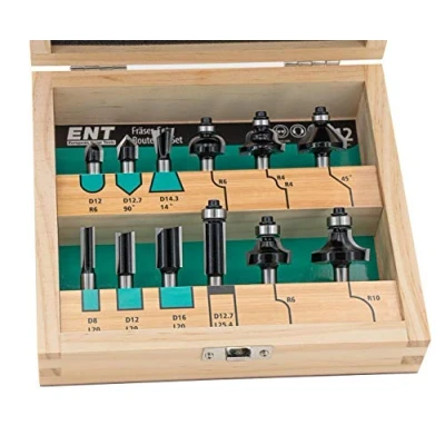 Abbildung von ENT 09012HKB 12 tlg. Fräser Set in Echtholzkassette Schaft 8 mm Hartmetall Schneiden Einsatz für die Oberfräse
