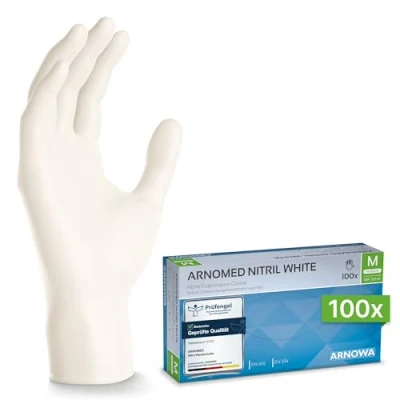 Abbildung von ARNOMED Nitril Einweghandschuhe 100 Stück/Box, M, weiß, latexfreie Einmalhandschuhe, puderfreie Nitrilhandschuhe, in Gr. S, L &amp; XL verfügbar